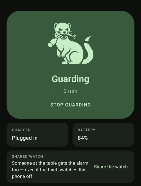 Pubby guarding: charger plugged in, battery at 84 per cent, and the shared watch offered.